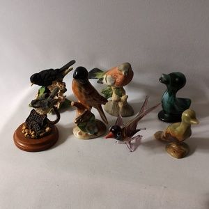 Seven Vintage Bird Figurine Collection Glass, Pottery, Ceramic, Resin, Alabaster
